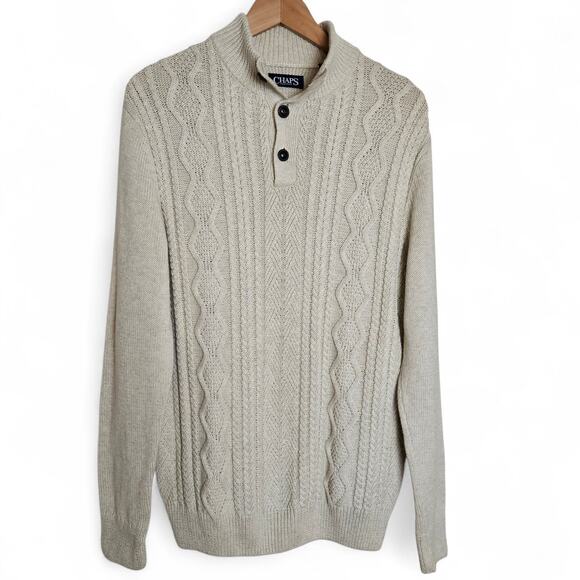 Chaps Ralph Lauren Mens Oatmeal Cotton Cable Knit Fisherman Henley Sweater Sz S - Picture 1 of 14